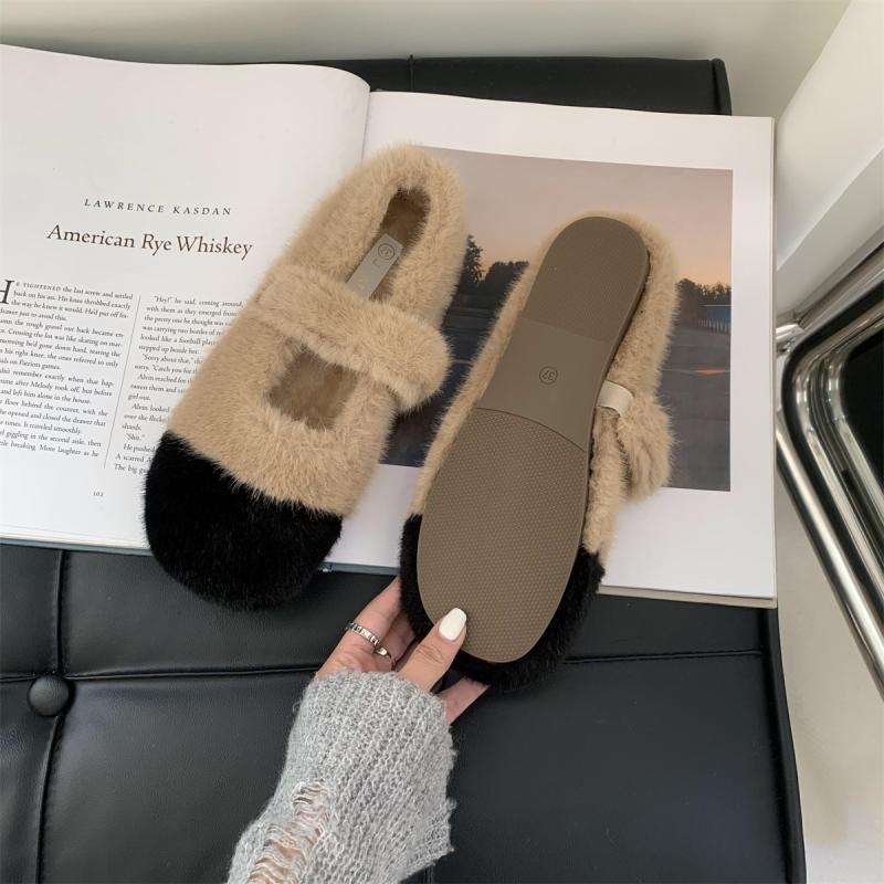 Flat-soled Mary Jane furry shoes for women for winter outer wear, small fragrant style, gentle round toe, color-blocked plus velvet shoes, warm beanie shoes