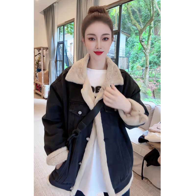 加厚羊羔毛外套女2023新款秋冬季寬鬆加絨牛仔棉衣服夾克保暖上衣