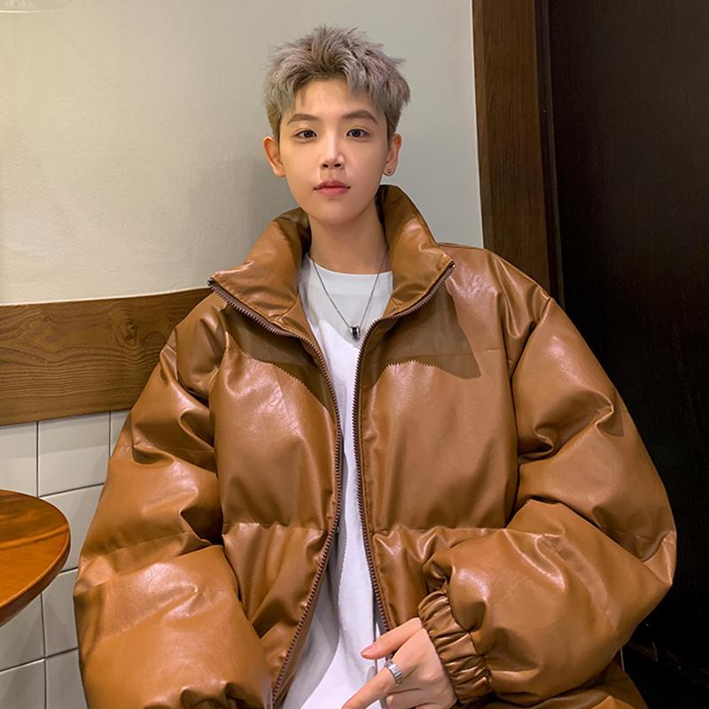 咖色pu皮棉服男冬季新款日系復古加厚棉衣外套大碼寬鬆麵包服棉襖