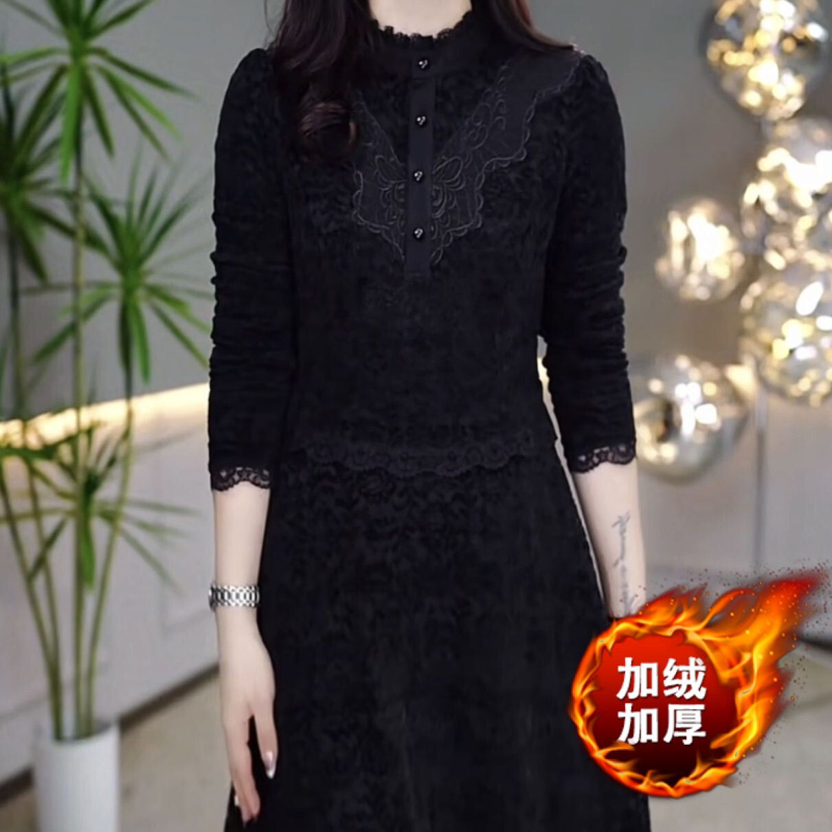 加絨加厚植絨燒花蕾絲連衣裙2023新款冬季女裝法式赫本風顯瘦裙子