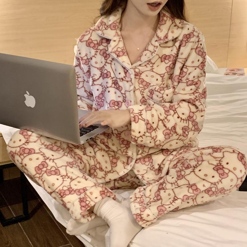 HelloKitty睡衣女秋冬季新款法蘭絨加厚保暖珊瑚絨家居服學生套裝