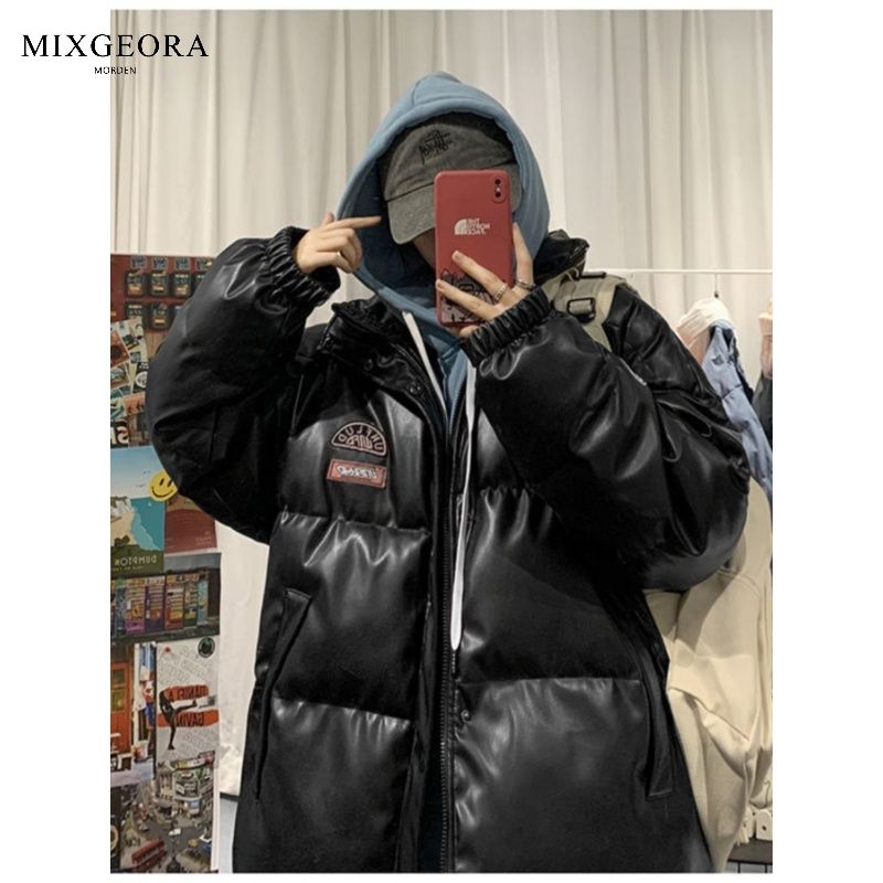 MIX GEORA pu皮羽絨棉衣男女韓版潮流冬季加厚麵包服港風立領棉服
