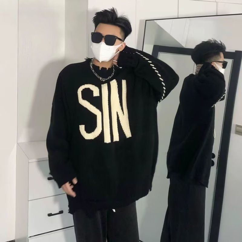 嘻哈高街潮牌字母圓領毛衣男高級感小眾冬款韓版美式慵懶風針織衫
