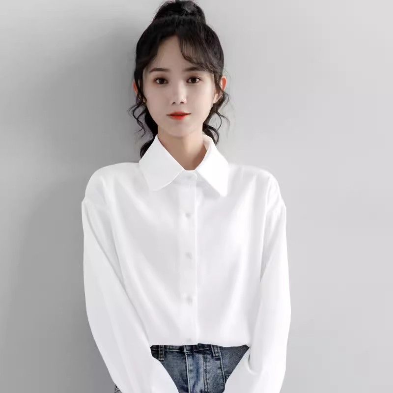時尚潮流簡約純色純棉長袖襯衫女韓版小眾ins設計感休閒襯衣上衣