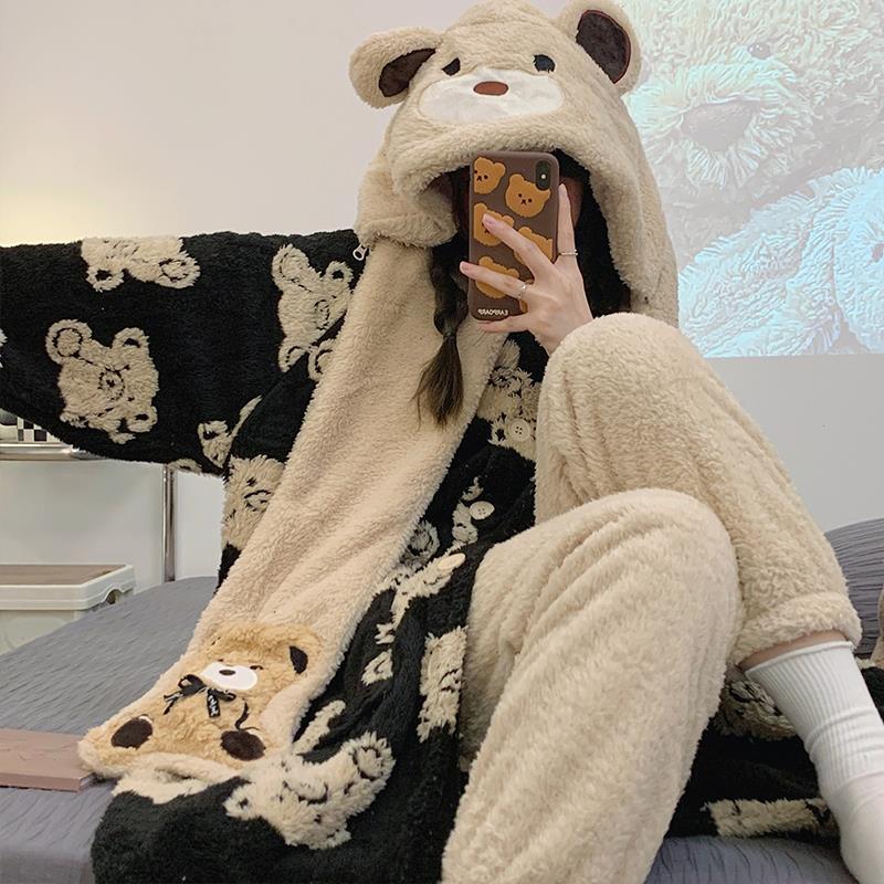 珊瑚絨睡衣女冬季加厚加絨2023新款冬天法蘭絨長袍可愛家居服套裝