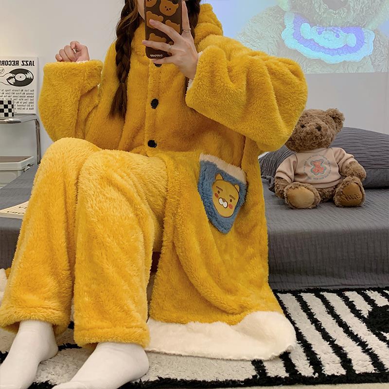 加絨加厚睡袍珊瑚絨睡衣女士秋冬季套裝法蘭絨家居服浴袍長袍冬天