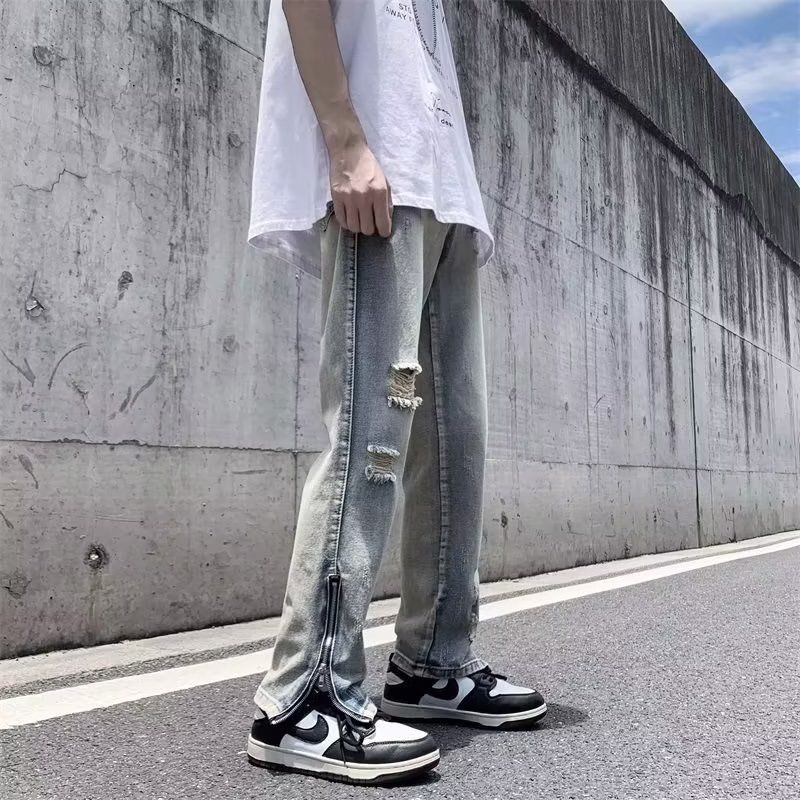 破洞拉鏈淺藍牛仔褲男秋季復古美式高街直筒修身開叉修腳微辣喇褲