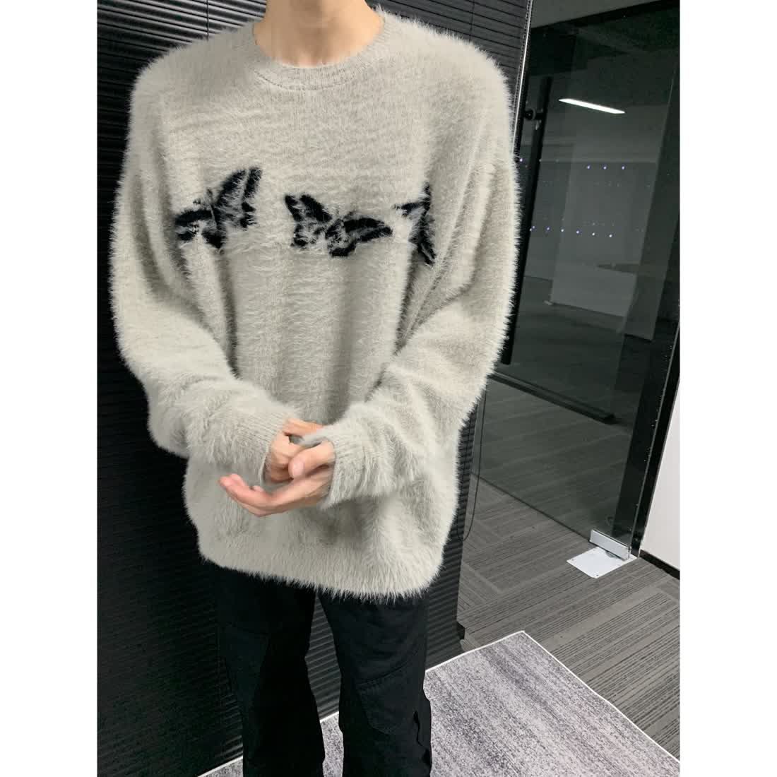 小眾設計感蝴蝶提花復古毛衣男女美式高街痞帥寬鬆百搭情侶針織衫