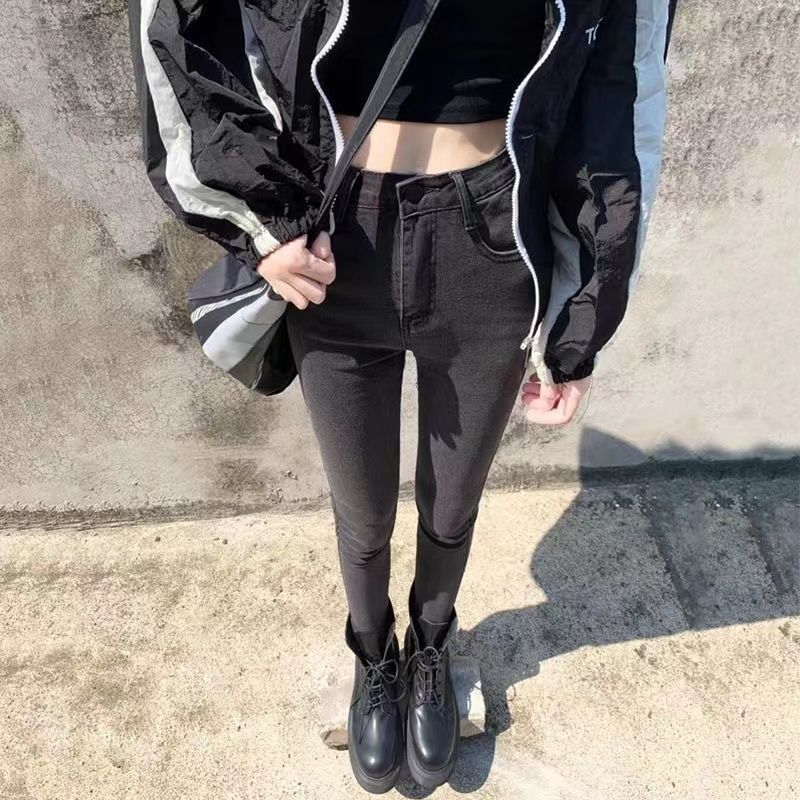 灰色加絨小腳褲牛仔褲女新款高腰顯瘦緊身褲子秋季彈力修身鉛筆褲