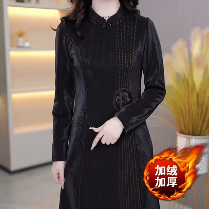 水晶琉璃精紡加絨加厚改良版旗袍連衣裙2023秋冬新款女裝國風裙子