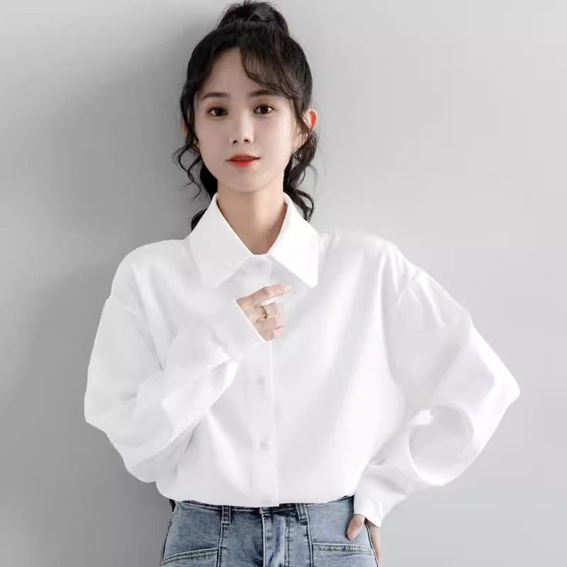 法式休閒時尚簡約純色純棉大碼長袖襯衫女韓版小眾氣質襯衣上衣