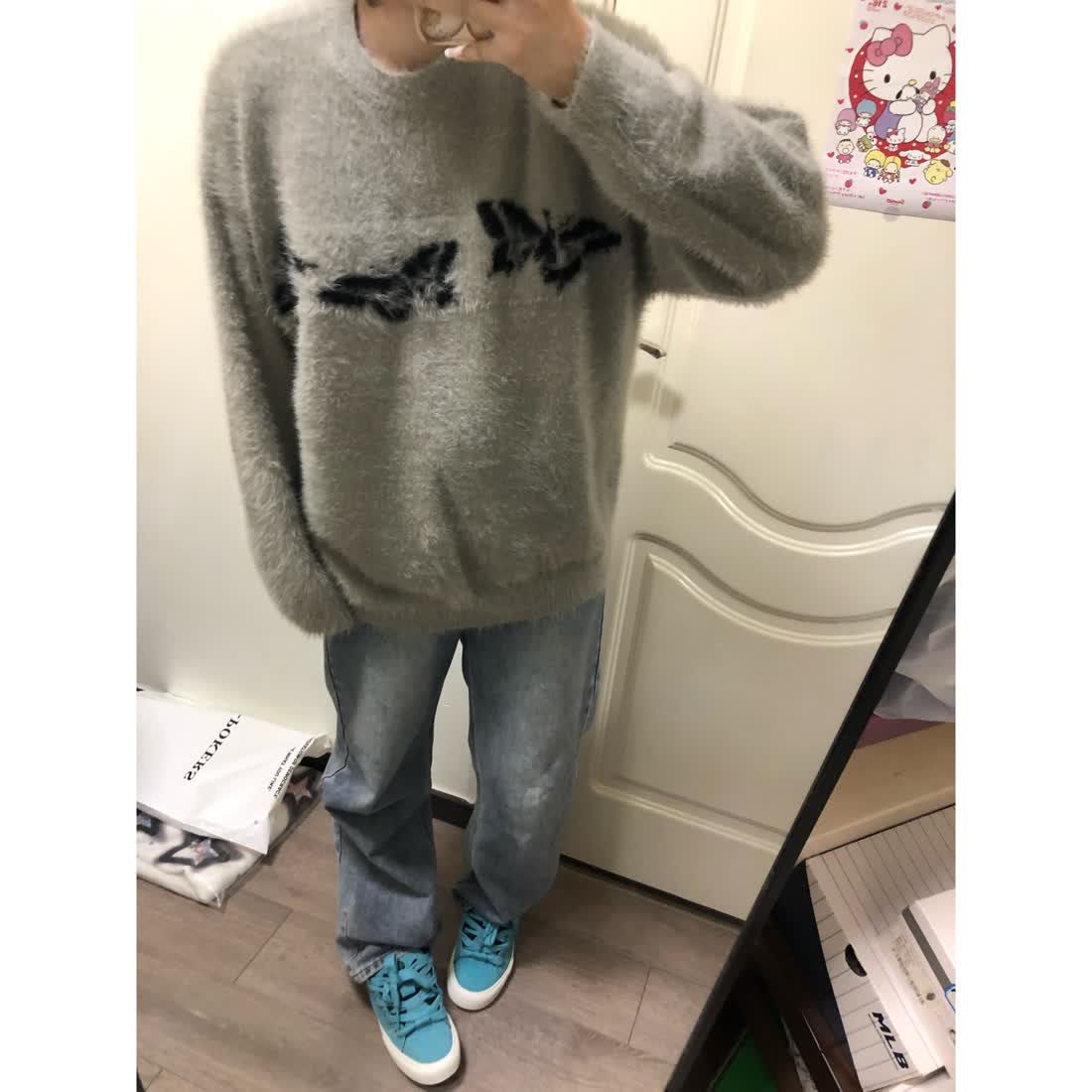 美式高級感蝴蝶提花毛衣男2023秋冬設計感寬鬆圓領灰色針織衫上衣