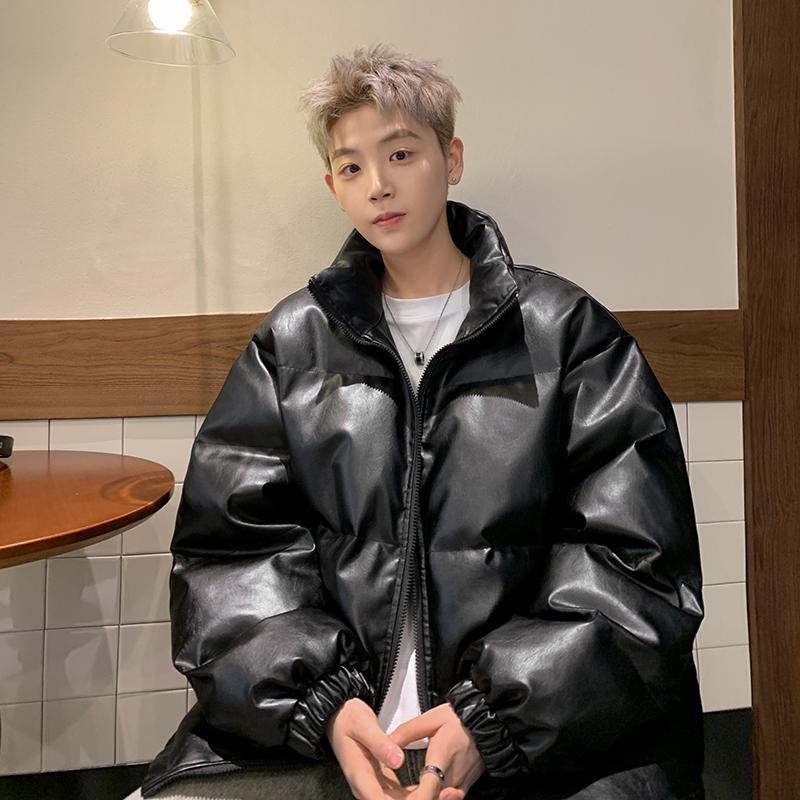 黑色pu皮棉服男冬季加厚設計感小眾棉衣外套痞帥寬鬆麵包服棉襖子