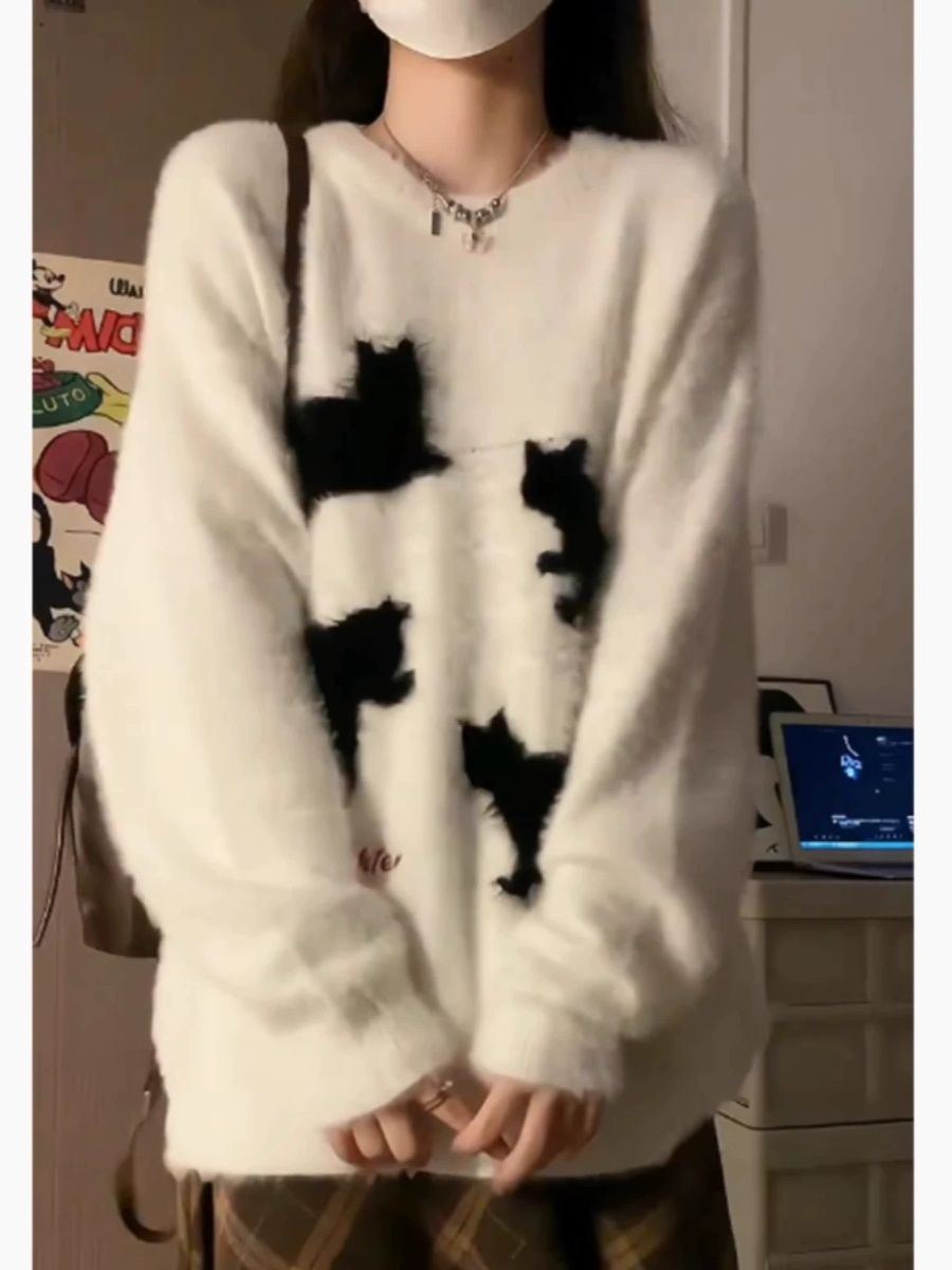日系甜妹卡通貓咪白色水貂絨毛衣女秋冬設計感慵懶寬鬆針織衫