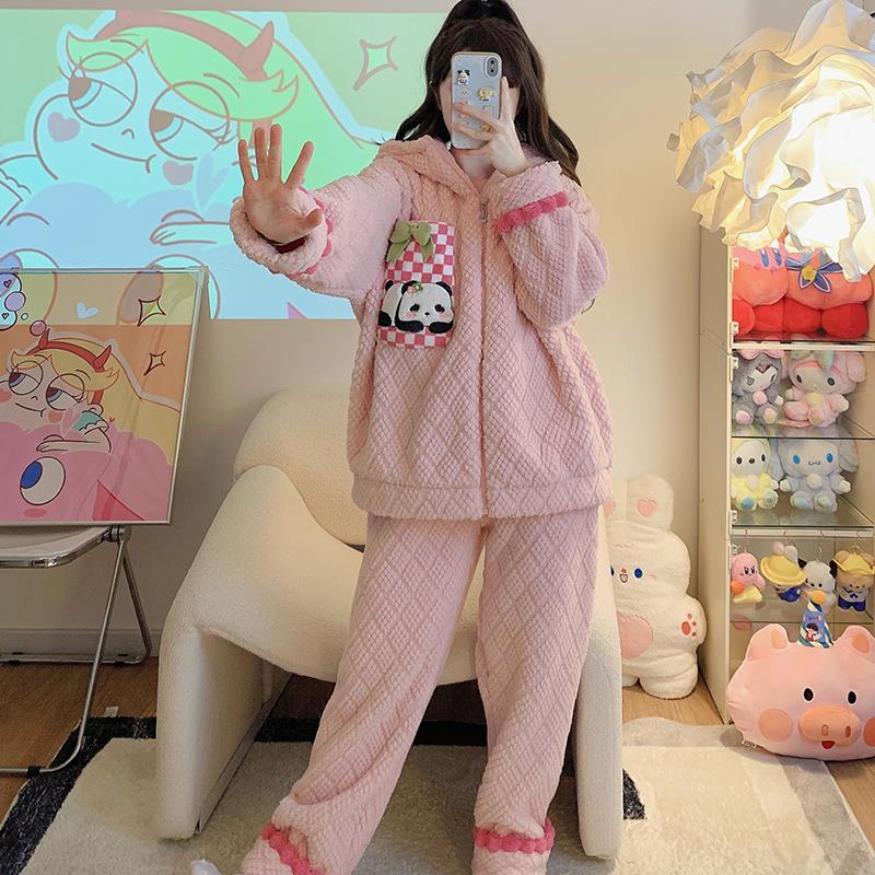 珊瑚絨睡衣女冬季加絨加厚可愛熊貓法蘭絨秋冬款連帽家居服套裝