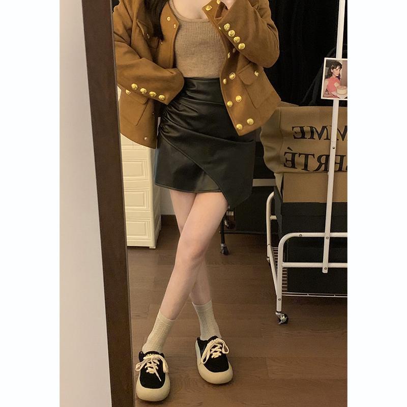 復古辣妹設計感不規則半身裙女秋冬皮裙百搭包臀短裙高腰顯瘦裙子