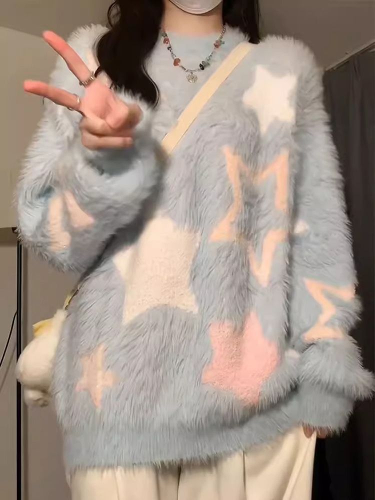 美式復古星星軟糯毛衣秋冬水貂毛套頭慵懶風圓領針織衫女寬鬆上衣