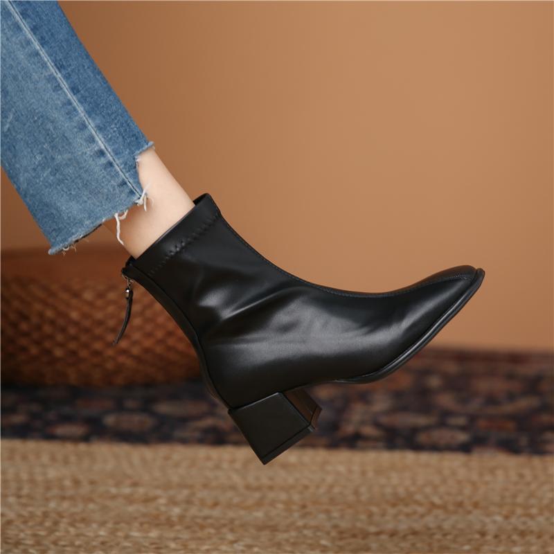 Slim short boots for women  autumn and winter new hot style plus velvet square toe thick high heel elastic ankle boots Martin boots