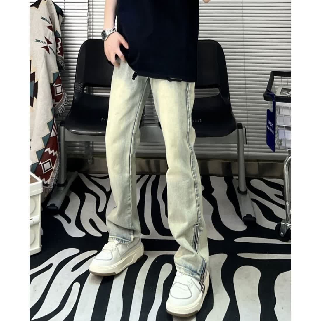 側邊拉鏈牛仔褲男水洗做舊復古拼接彈力潮vibe設計堆疊感顯瘦褲子