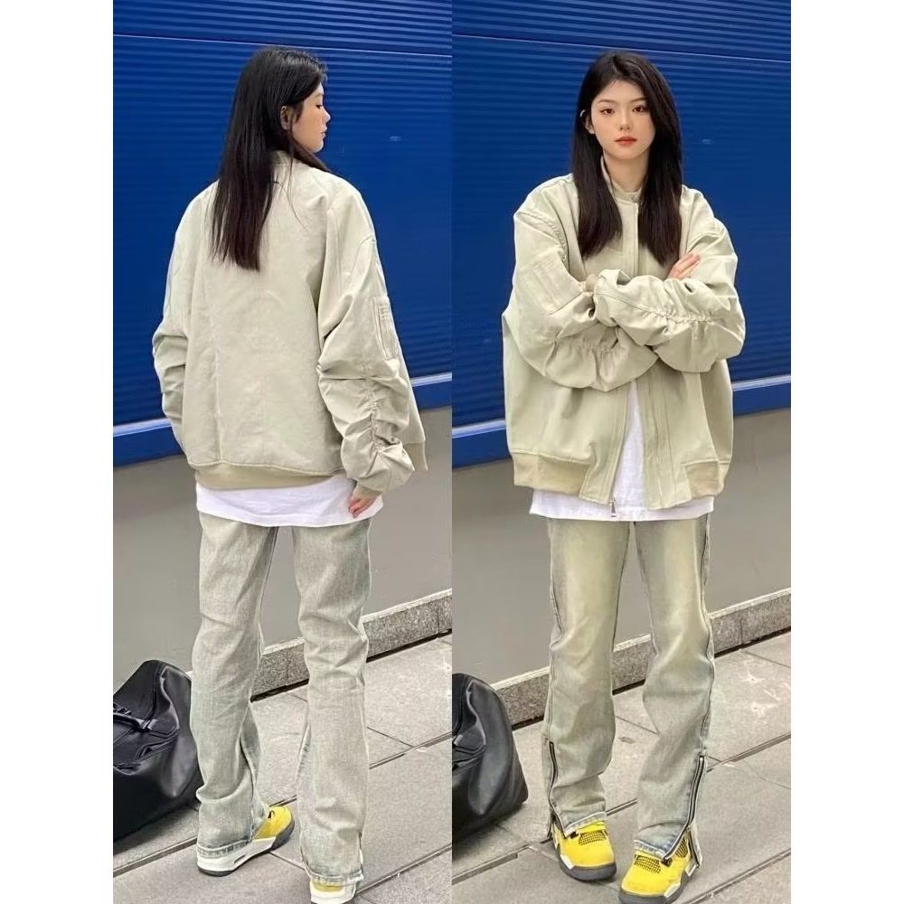 美式高街vibe黃泥牛仔褲男春秋寬鬆拉鏈休閒直筒褲潮牌水洗褲子