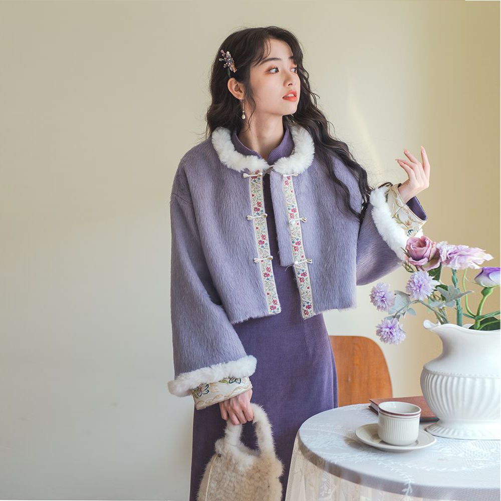 新中式国风少女感改良旗袍套装女秋冬新款小个子短款毛呢外套