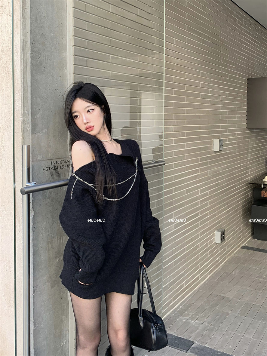 設計感小眾拉鏈露肩軟糯慵懶毛衣女秋冬寬鬆休閒百搭鏈條針織上衣