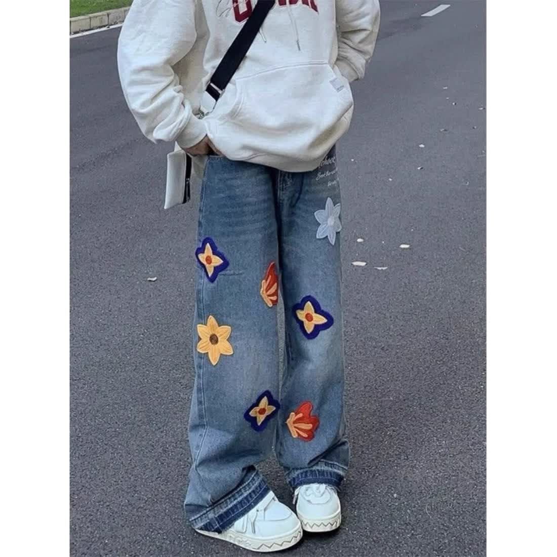 國潮設計感直筒牛仔褲男女春秋新款創意花瓣刺繡顯瘦闊腿長褲子