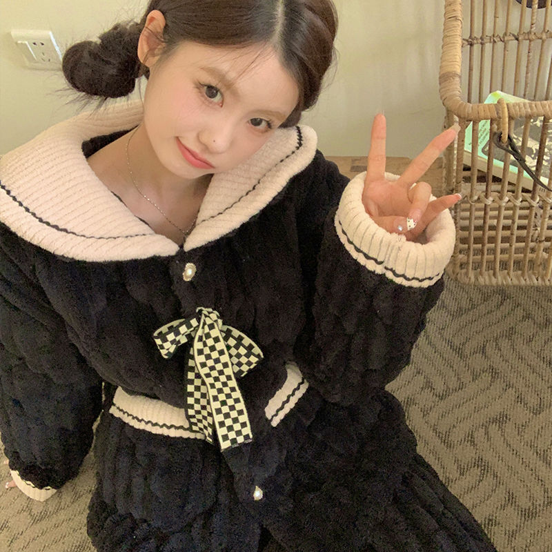 睡衣女冬季珊瑚絨加絨加厚新款海軍領冬天網紅風法蘭絨家居服套裝