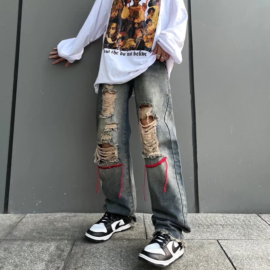 歐美式復古破洞牛仔褲男國潮牌高街vibe風做舊水洗寬鬆直筒闊腿褲