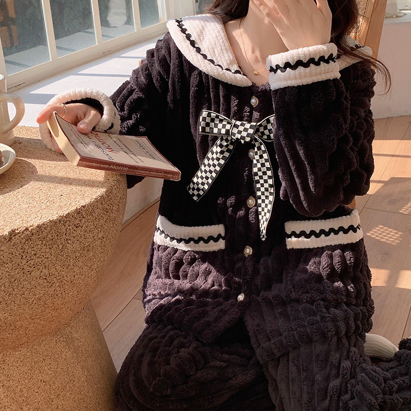 海軍領睡衣女秋冬季珊瑚絨加厚保暖網紅風蝴蝶結小香風家居服套裝