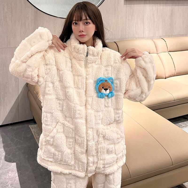 長毛絨睡衣女2023冬季甜美isn風立領拉鏈開衫長袖長褲兩件家居服