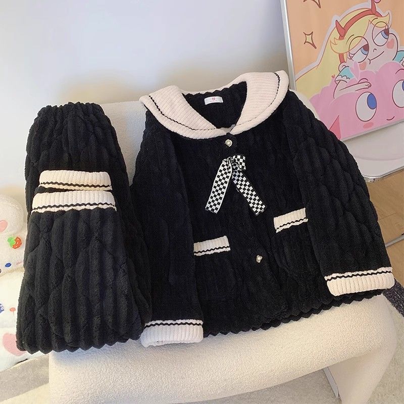 睡衣女秋冬款珊瑚絨可愛娃娃領網紅加厚加絨保暖法蘭絨家居服套裝