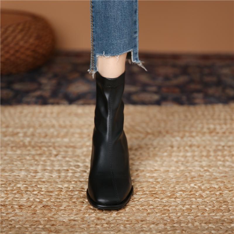 Slim short boots for women  autumn and winter new hot style plus velvet square toe thick high heel elastic ankle boots Martin boots