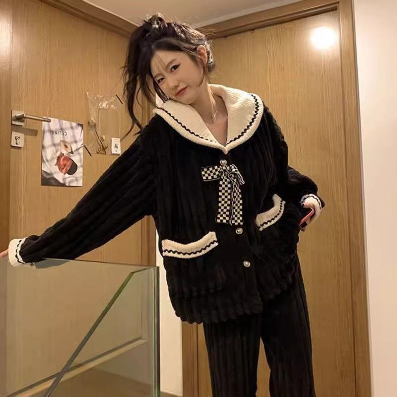 小香風睡衣女秋冬季珊瑚絨加厚保暖加絨大翻領甜美休閒家居服套裝