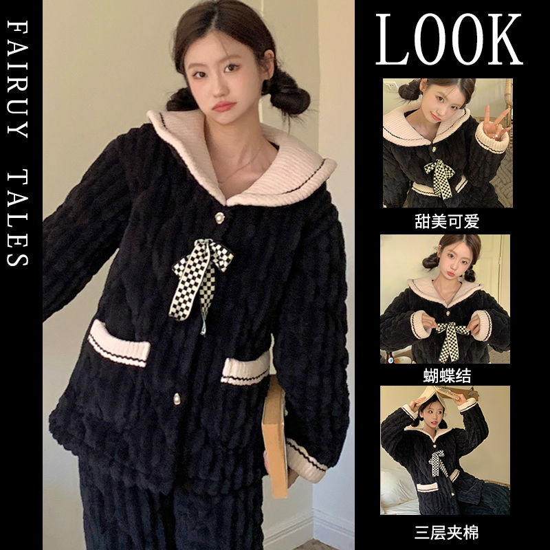 海軍領睡衣女秋冬季珊瑚絨加厚保暖網紅風蝴蝶結小香風家居服套裝