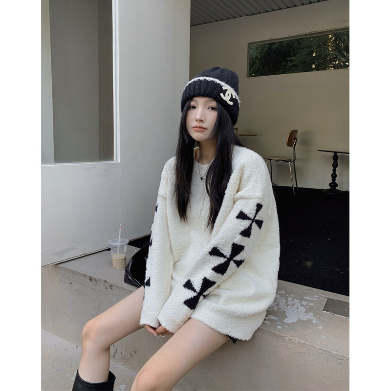 慵懶軟糯長袖毛衣女秋新款韓系寬鬆提花圓領套頭設計感上衣潮