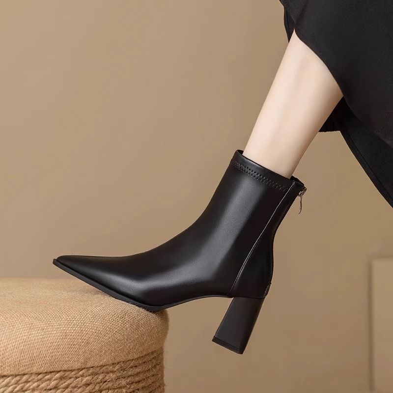 French white short boots for women  new autumn and winter thick heel thin boots women's pointed toe Martin boots high heel white boots