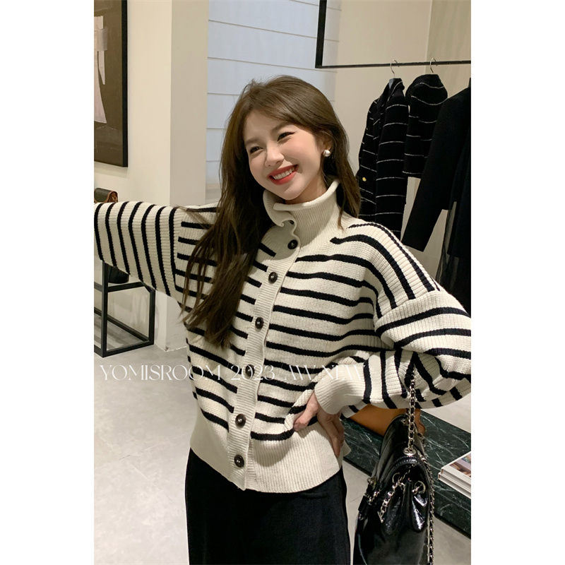 新款設計感黑白條紋高領毛衣女秋冬慵懶風寬鬆針織衫外套休閒上衣