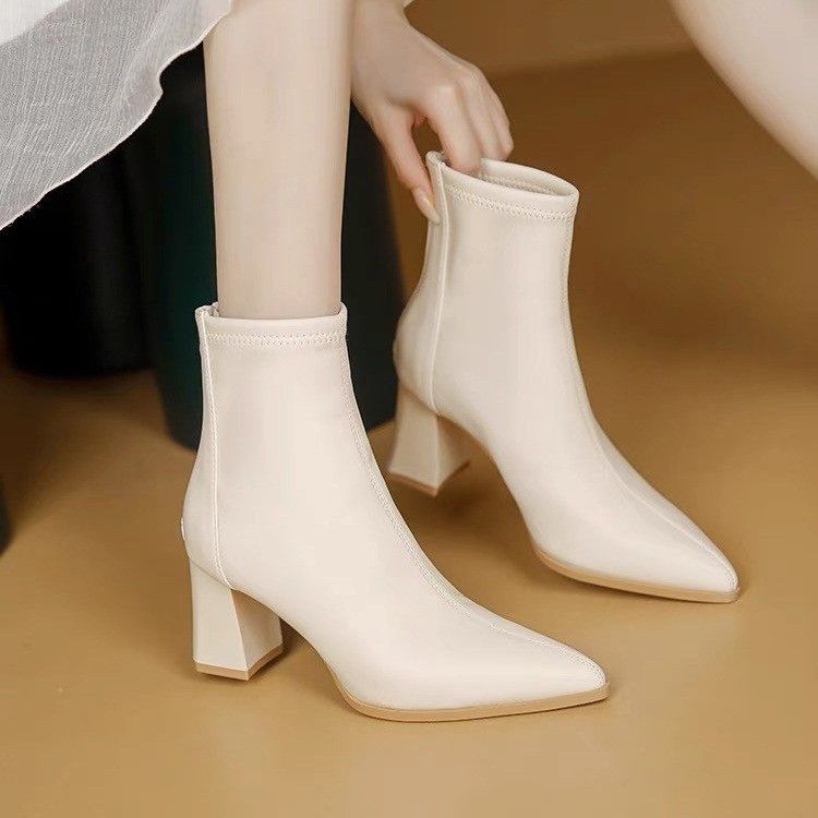 Pointed toe thick heel women's boots  new versatile slimming boots comfortable temperament white boots internet celebrity high heel short boots