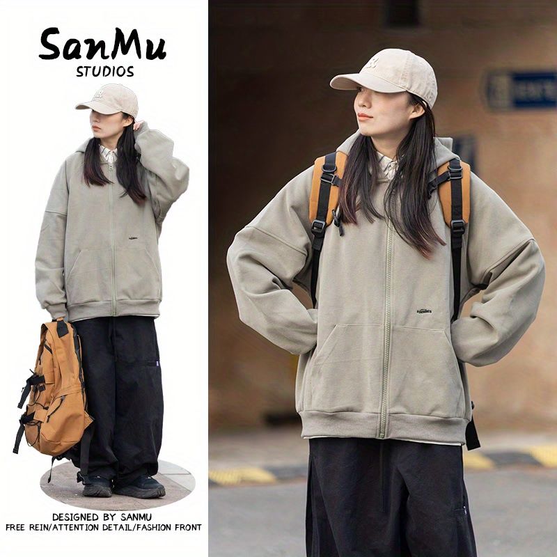 日系復古寬鬆工裝連帽開衫衛衣男女23SS外套字母刺繡oversize外套