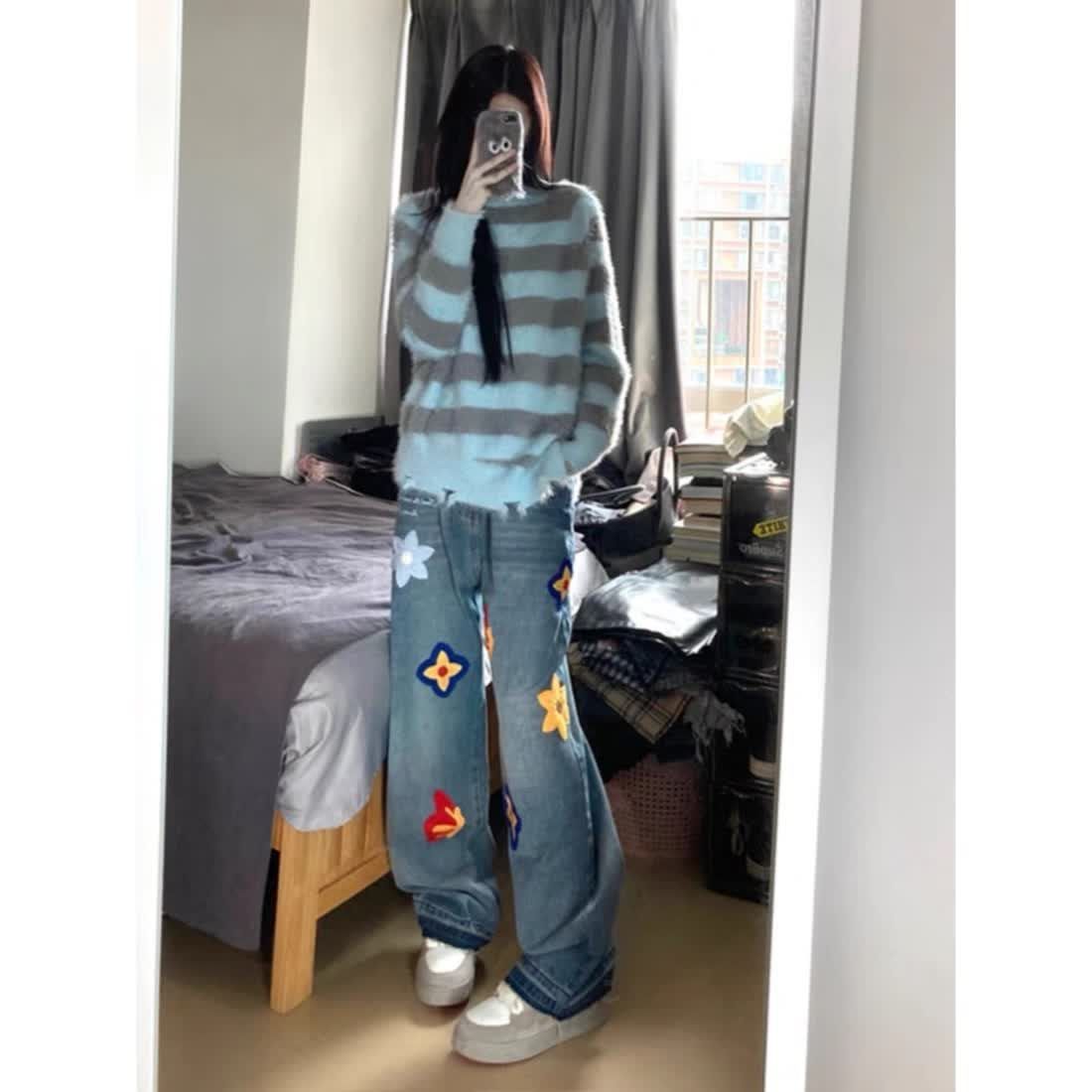 美式嘻哈刺繡直筒牛仔褲男女秋季新款寬鬆百搭顯瘦設計感闊腿長褲