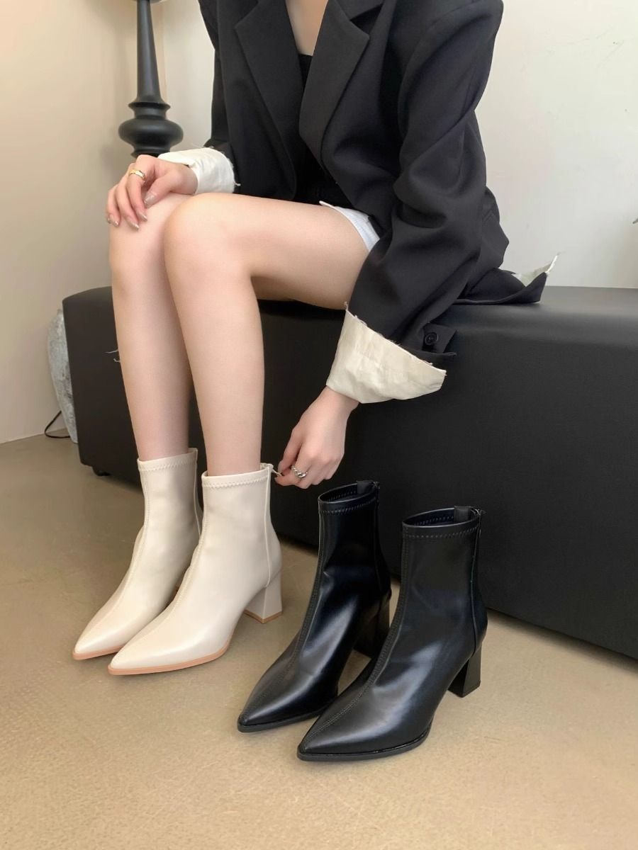 French style autumn and winter street short boots white slim boots for women with thick heels for small people high heel ankle boots small fragrant style Martin boots