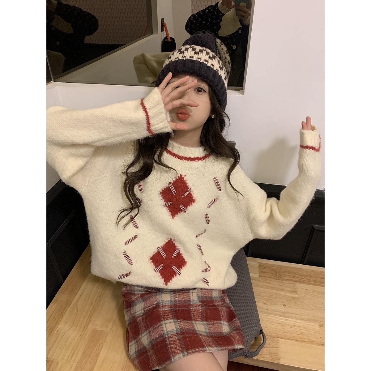 軟糯甜美絲帶菱格紋毛衣女秋冬新款寬鬆設計感顯瘦個性上衣