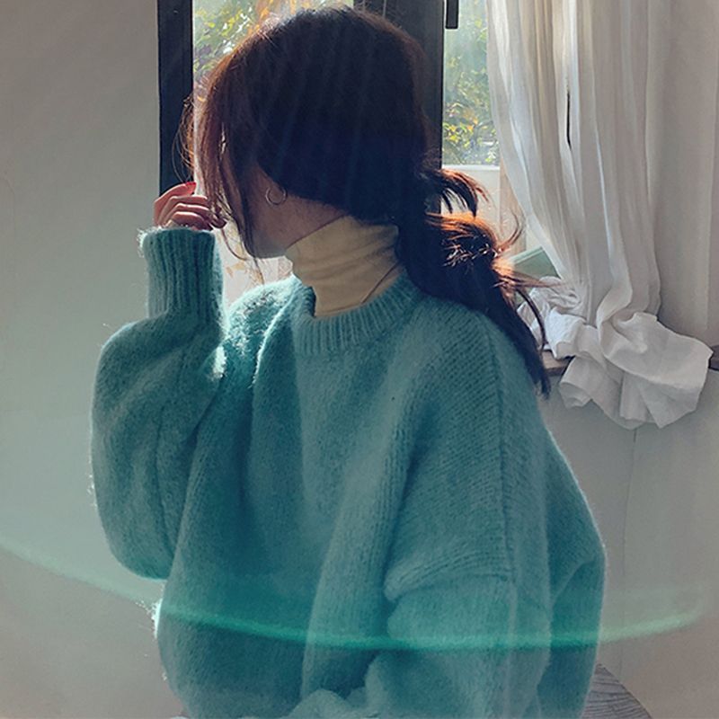 秋冬新款爆款高級感慵懶風加厚軟糯寬鬆藍色毛衣女冬季內搭上衣