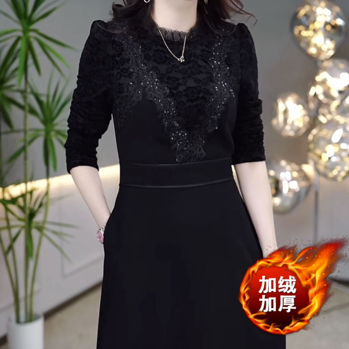 時尚加絨加厚磨毛軟精紡連衣裙2023新款秋冬女裝氣質假兩件套裙子