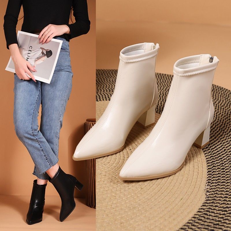 White thick heel short boots for women, spring and autumn fashion single boots, French pointed toe high heels, elastic slim boots, new boots for women