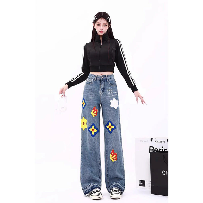 美式潮牌vibe刺繡直筒牛仔褲男女秋冬寬鬆休閒百搭顯瘦闊腿褲子