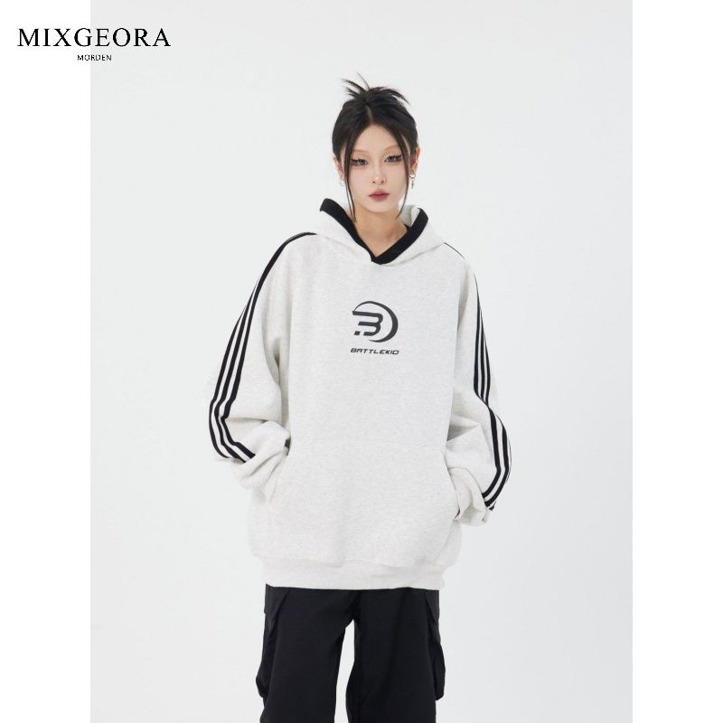 MIX GEORA national fashion American retro contrasting color splicing raglan hooded sweatshirt for men and women loose sports couple wear
