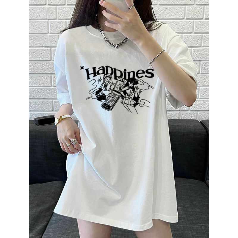 100%純棉短袖t恤女夏季新款寬鬆百搭顯瘦印花半袖休閒ins風上衣服