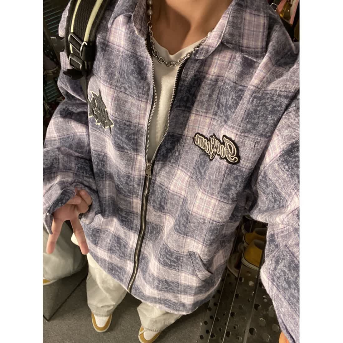 American vintage star embroidered plaid shirt jacket for men and women, high-end handsome zipper retro jacket trendy